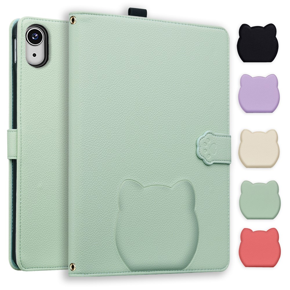 For iPad mini (2026) Wallet Case Leather Stand Table Cover with Stylus Holder, 3D Effect Cat Pattern - Green