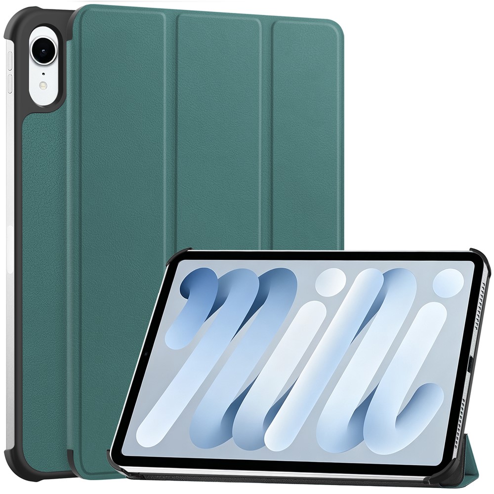 For iPad mini (2026) PU Leather Tablet Case Anti-drop Tri-Fold Stand Slim Protective Cover - Blackish Green