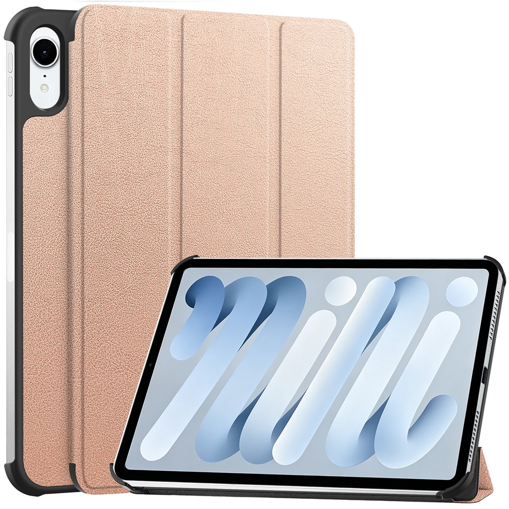 For iPad mini (2026) PU Leather Tablet Case Anti-drop Tri-Fold Stand Slim Protective Cover - Rose Gold