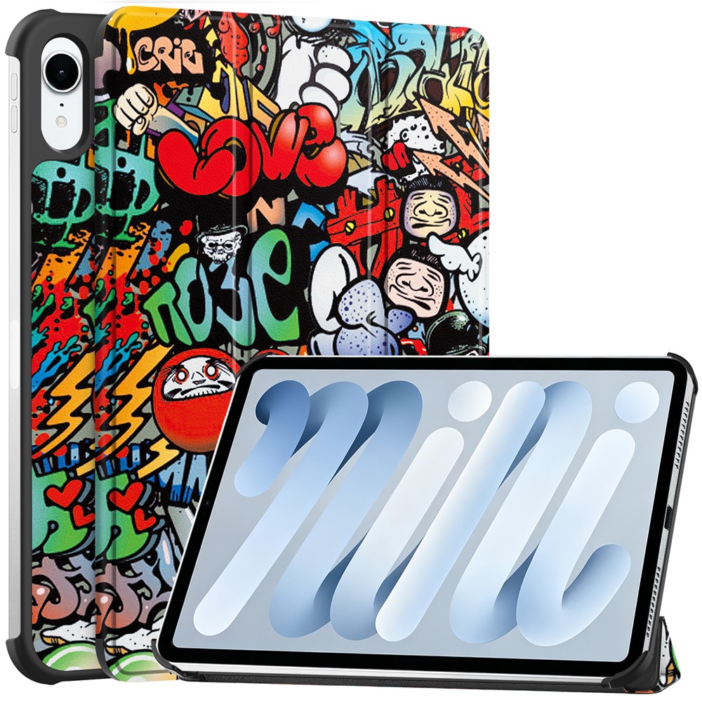 For iPad mini (2026) Case Tri-fold Stand Pattern Print Leather Tablet Cover - Graffiti