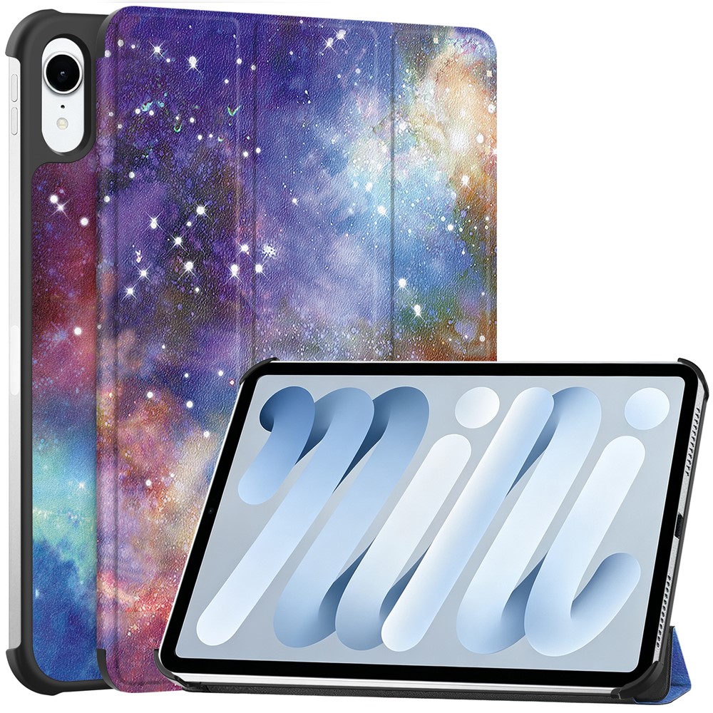 For iPad mini (2026) Case Tri-fold Stand Pattern Print Leather Tablet Cover - Galaxy