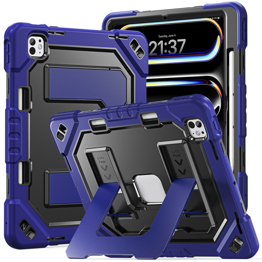 For iPad Pro 13 (2025) / (2024) Case Kickstand PC + TPU + Silicone Tablet Cover with Pen Holder - Navy Blue+Black