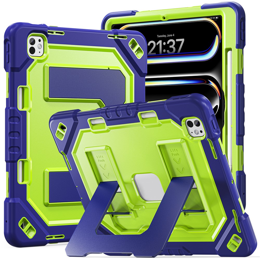 For iPad Pro 13 (2025) / (2024) Case Kickstand PC + TPU + Silicone Tablet Cover with Pen Holder - Navy Blue+Yellowgreen
