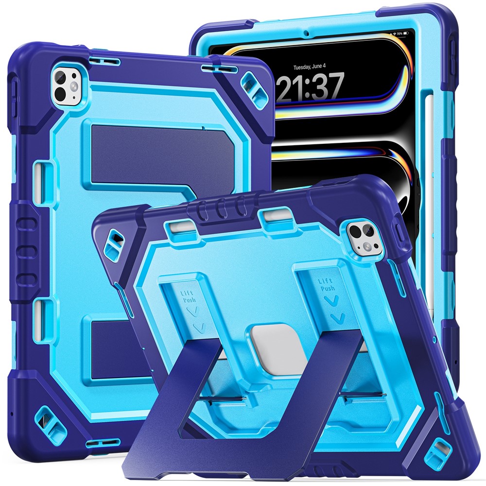 For iPad Pro 13 (2025) / (2024) Case Kickstand PC + TPU + Silicone Tablet Cover with Pen Holder - Navy Blue+Blue