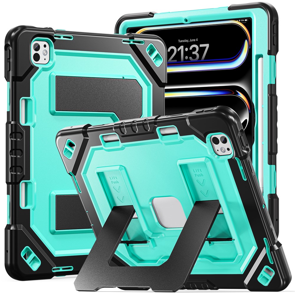 For iPad Pro 13 (2025) / (2024) Case Kickstand PC + TPU + Silicone Tablet Cover with Pen Holder - Black+Mint Green