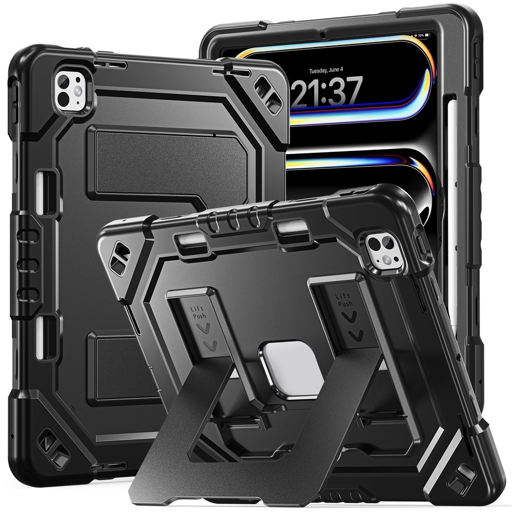 For iPad Pro 13 (2025) / (2024) Case Kickstand PC + TPU + Silicone Tablet Cover with Pen Holder - Black