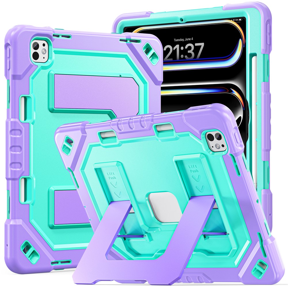For iPad Pro 13 (2025) / (2024) Case Kickstand PC + TPU + Silicone Tablet Cover with Pen Holder - Purple+Mint Green