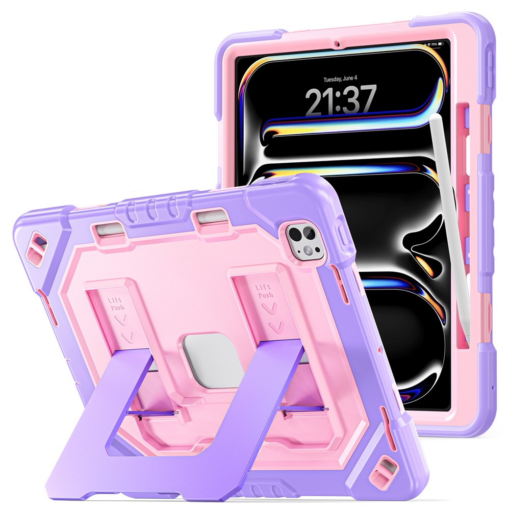 For iPad Pro 13 (2025) / (2024) Case Kickstand PC + TPU + Silicone Tablet Cover with Pen Holder - Purple+Rose Gold
