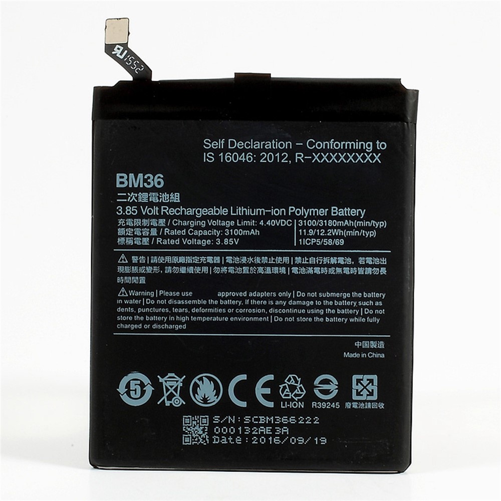 For Xiaomi Mi 5s 3.85V 3100mAh Li-ion Polymer Battery Replacement Part (Encode: BM36) (without Logo)-1