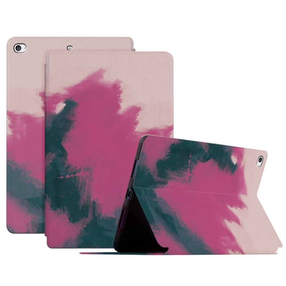 For iPad mini 4 / mini (2019) 7.9 inch Watercolor Patten Printing PU Leather Auto Wake / Sleep Shell Folio Stand Protective Cover - Berry