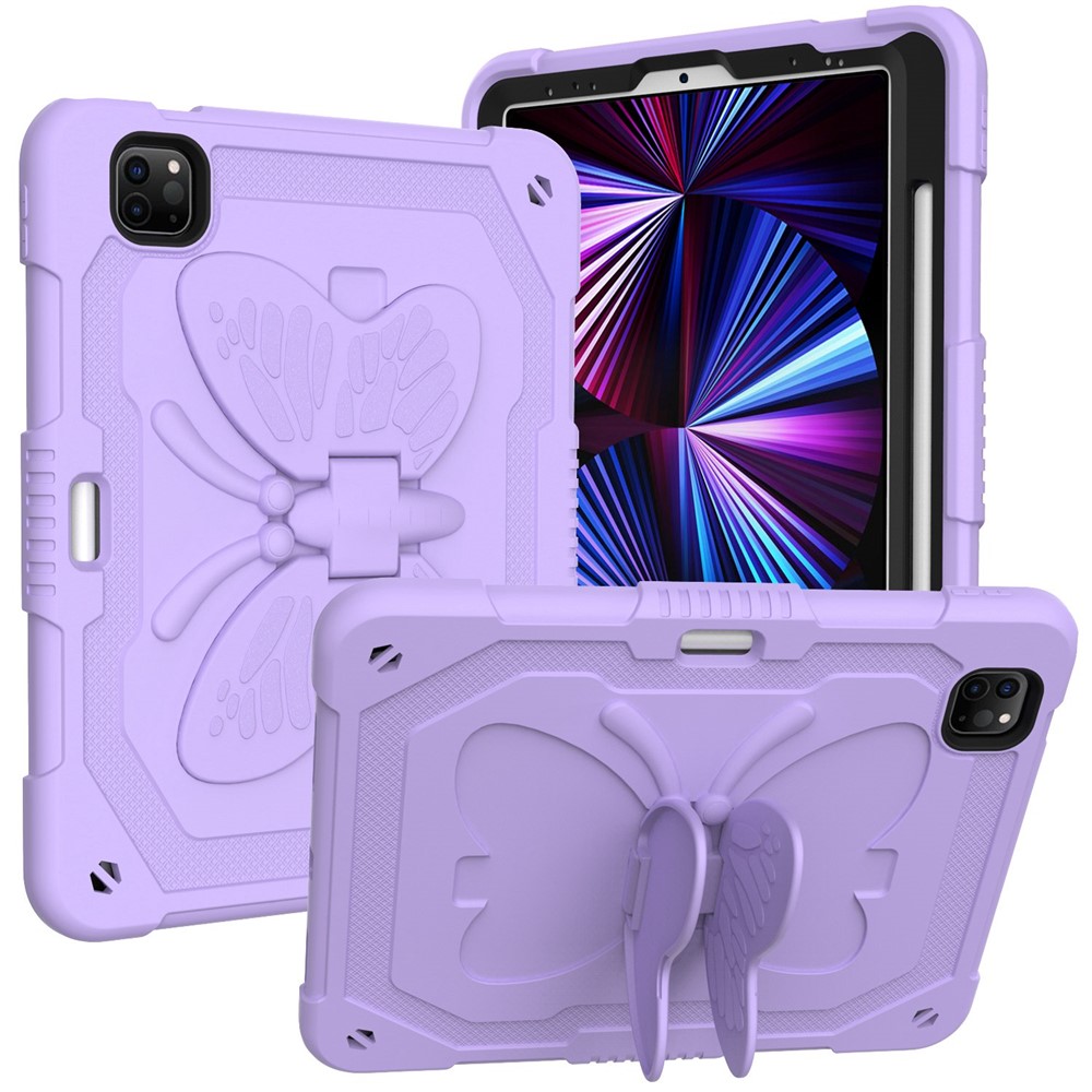 For iPad Pro 11 (2022) / (2021) / (2020) / (2018) / iPad Air (2022) / (2020) Butterfly Shape Kickstand Tablet Case Silicone + PC Shockproof Cover with Shoulder Strap - Purple