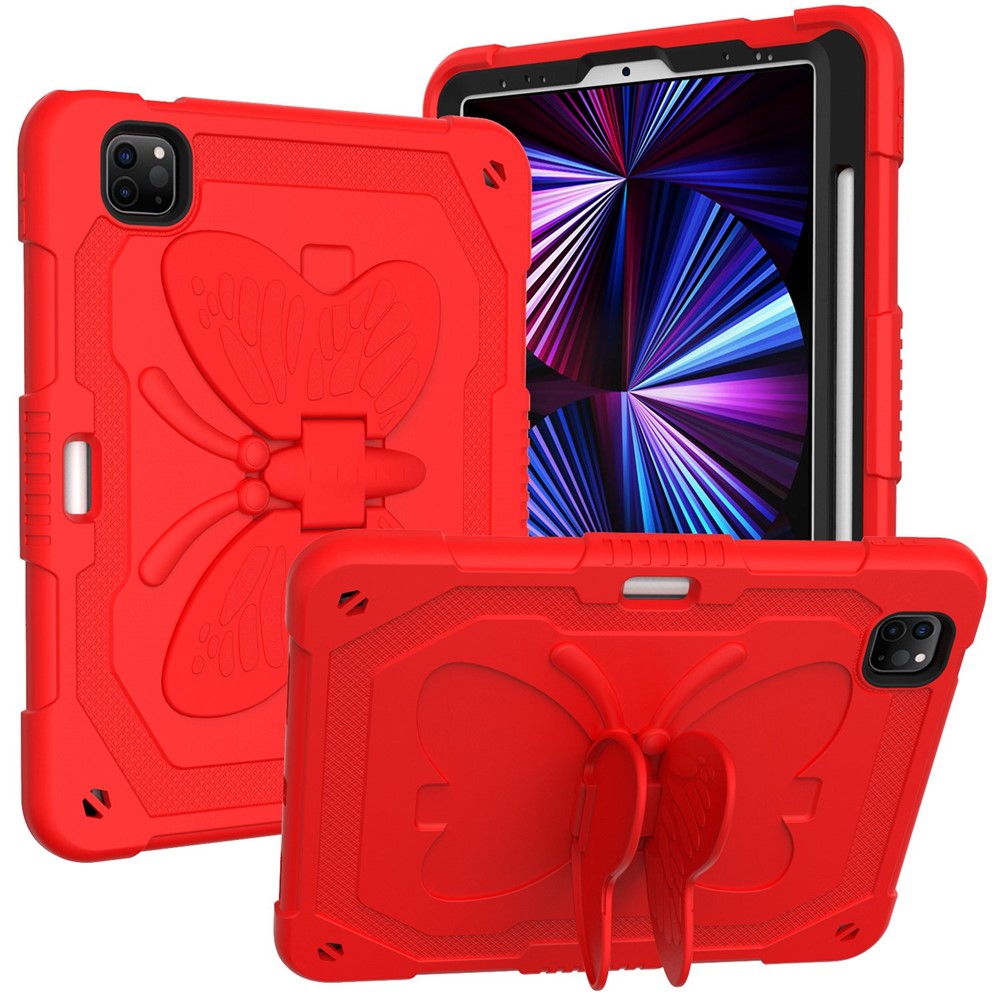For iPad Pro 11 (2022) / (2021) / (2020) / (2018) / iPad Air (2022) / (2020) Butterfly Shape Kickstand Tablet Case Silicone + PC Shockproof Cover with Shoulder Strap - Red