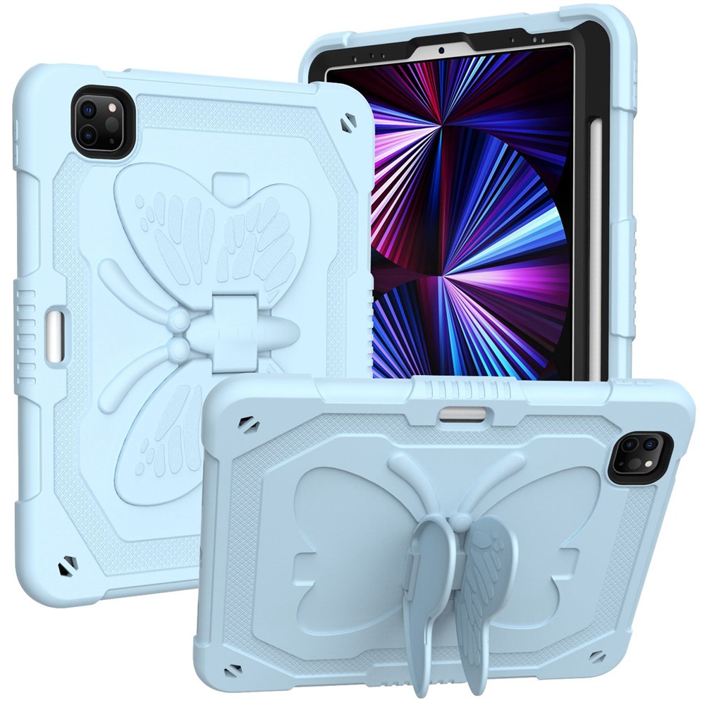 For iPad Pro 11 (2022) / (2021) / (2020) / (2018) / iPad Air (2022) / (2020) Butterfly Shape Kickstand Tablet Case Silicone + PC Shockproof Cover with Shoulder Strap - Blue