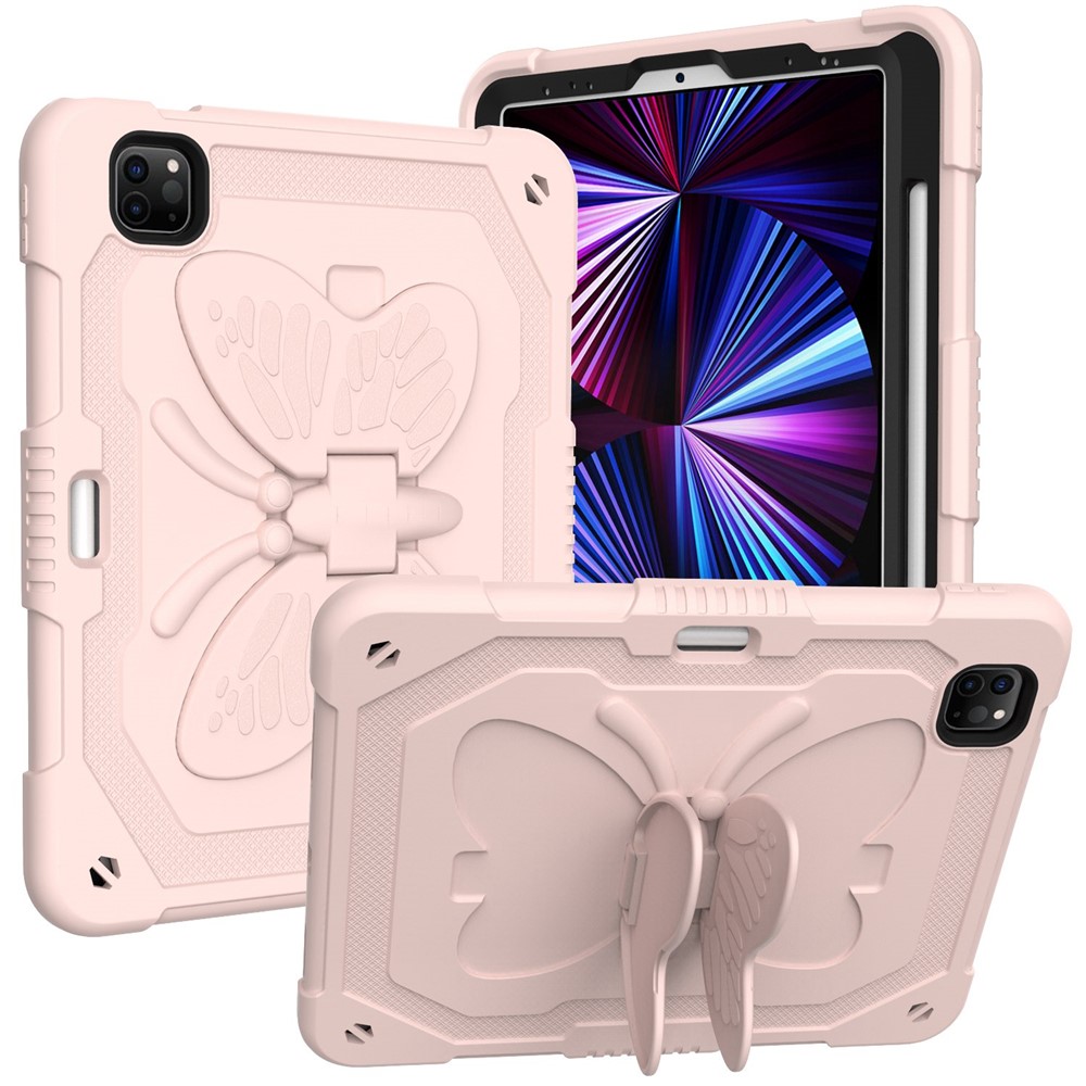 For iPad Pro 11 (2022) / (2021) / (2020) / (2018) / iPad Air (2022) / (2020) Butterfly Shape Kickstand Tablet Case Silicone + PC Shockproof Cover with Shoulder Strap - Pink