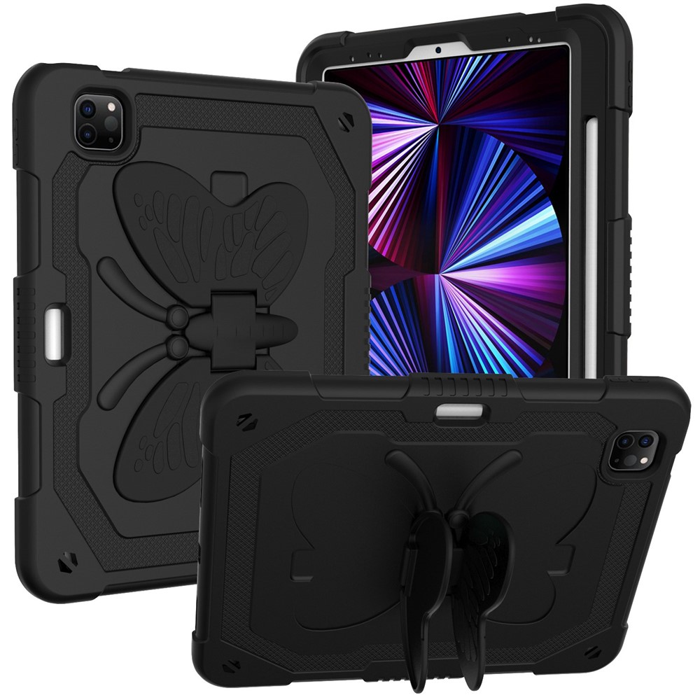 For iPad Pro 11 (2022) / (2021) / (2020) / (2018) / iPad Air (2022) / (2020) Butterfly Shape Kickstand Tablet Case Silicone + PC Shockproof Cover with Shoulder Strap - Black