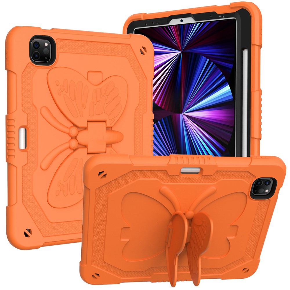 For iPad Pro 11 (2022) / (2021) / (2020) / (2018) / iPad Air (2022) / (2020) Butterfly Shape Kickstand Tablet Case Silicone + PC Shockproof Cover with Shoulder Strap - Orange