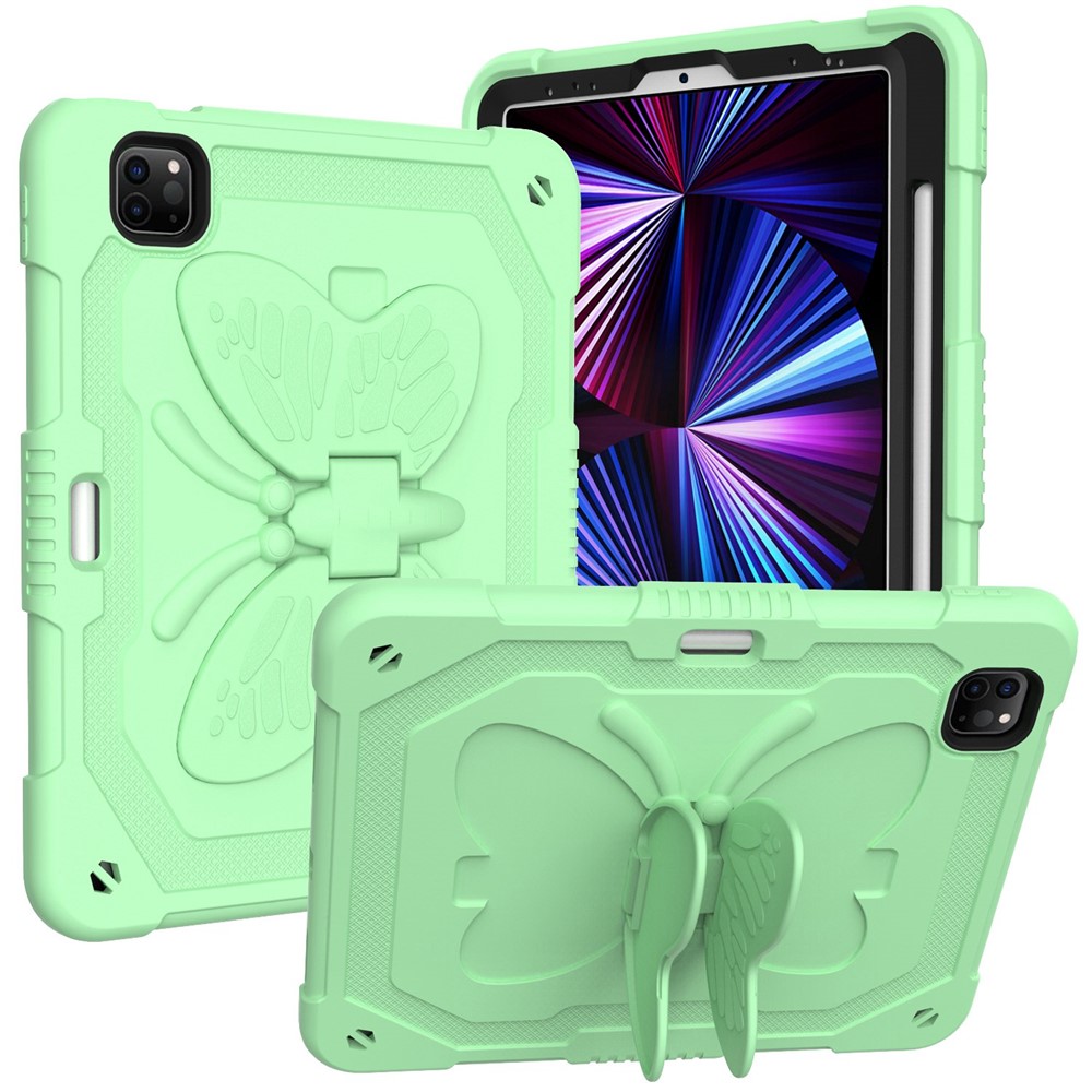 For iPad Pro 11 (2022) / (2021) / (2020) / (2018) / iPad Air (2022) / (2020) Butterfly Shape Kickstand Tablet Case Silicone + PC Shockproof Cover with Shoulder Strap - Matcha Green