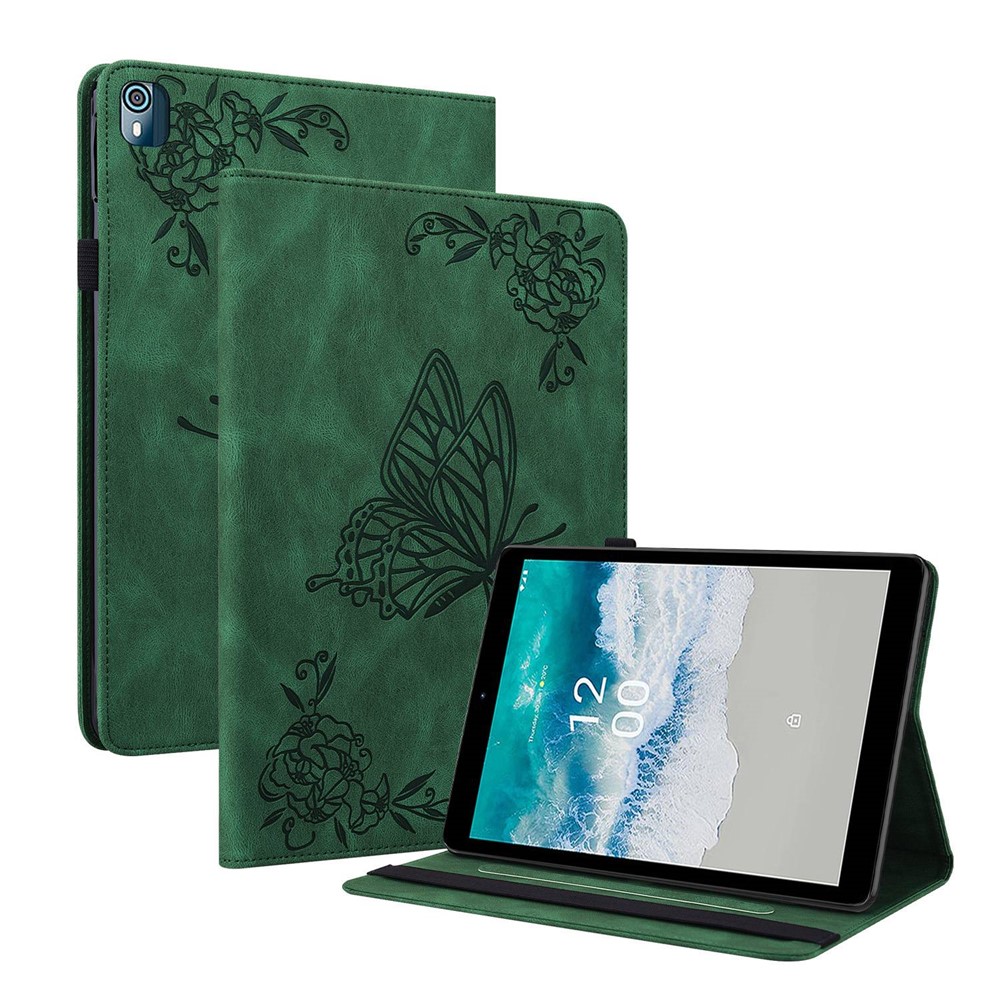 For Nokia T10 Imprinting Butterfly Flower Pattern Tablet Case PU Leather + TPU Anti-scratch Stand Card Holder Shell - Green-1