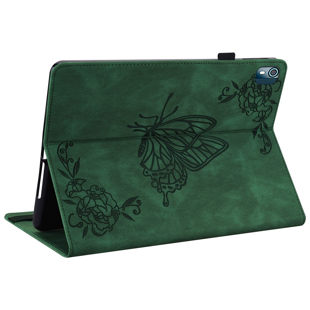 For Nokia T10 Imprinting Butterfly Flower Pattern Tablet Case PU Leather + TPU Anti-scratch Stand Card Holder Shell - Green-4