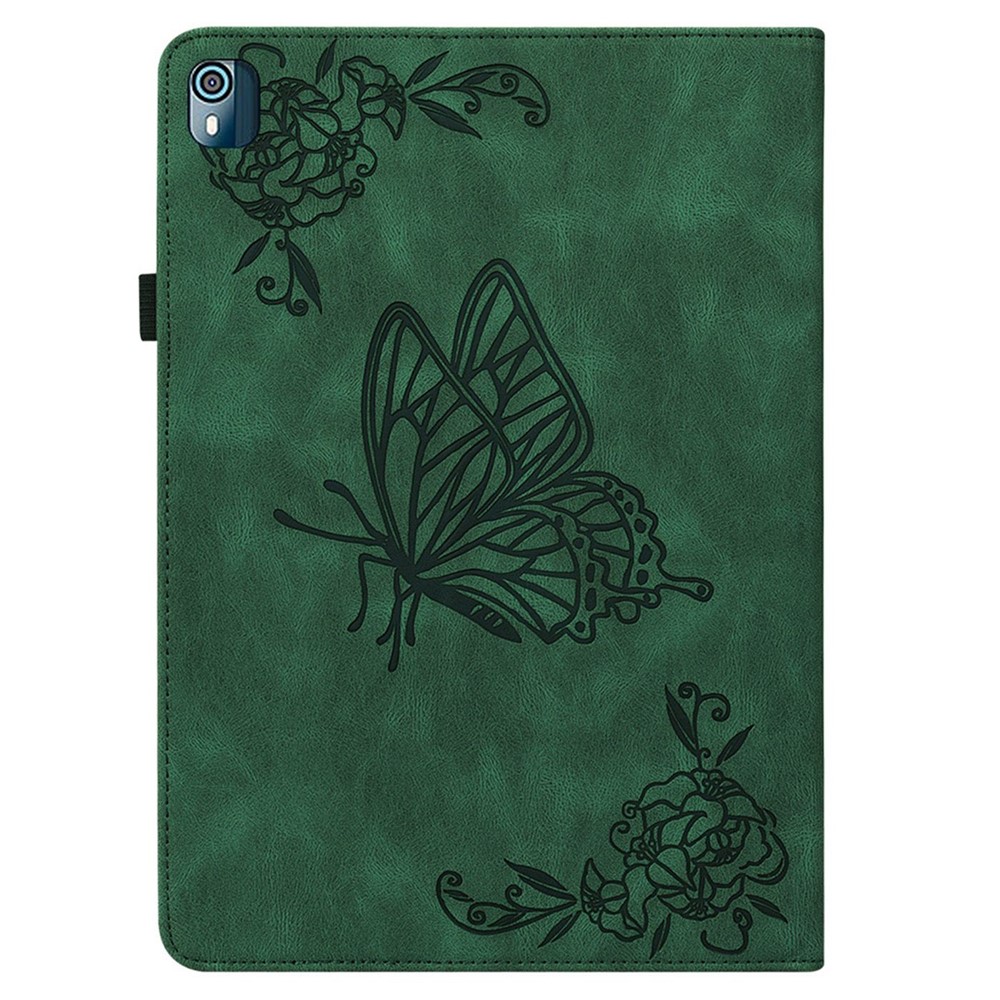 For Nokia T10 Imprinting Butterfly Flower Pattern Tablet Case PU Leather + TPU Anti-scratch Stand Card Holder Shell - Green-5