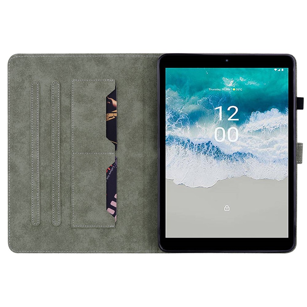 For Nokia T10 Card Slot PU Leather+TPU Anti-scratch Tablet Case Cute Tiger Pattern Imprinted Flip Cover with Adjustable Stand - Grey-3