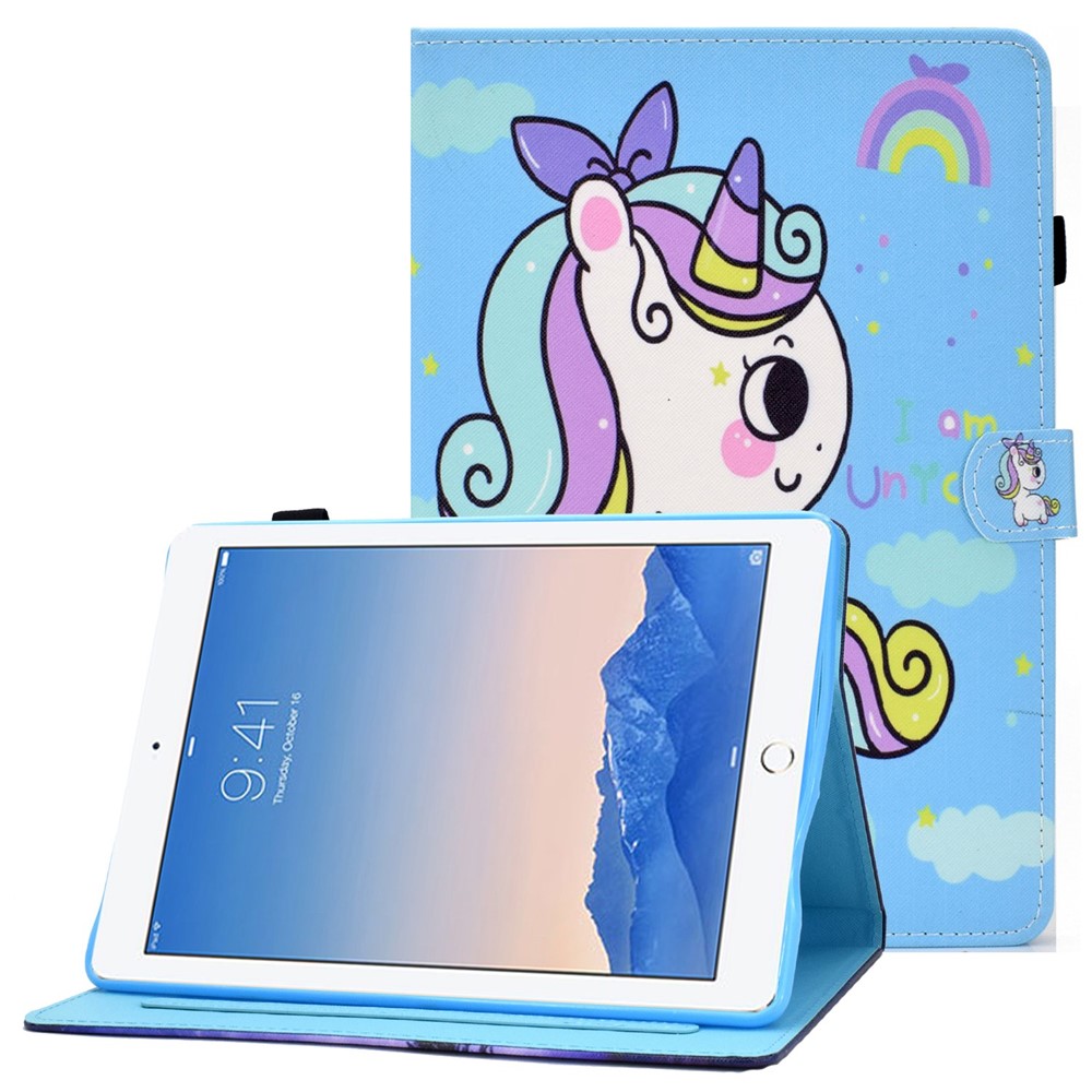For iPad Air (2013) / Air 2 / iPad 9.7-inch (2017) / (2018) Stitched Leather Case Protective Tablet Cover Pattern Printed Magnetic Closure Shockproof Cover with Stand / Card Slots - Rainbow Horse