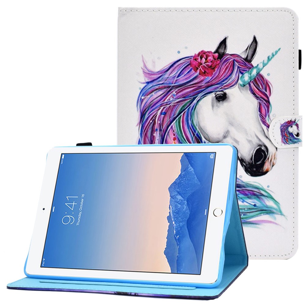 For iPad Air (2013) / Air 2 / iPad 9.7-inch (2017) / (2018) Stitched Leather Case Protective Tablet Cover Pattern Printed Magnetic Closure Shockproof Cover with Stand / Card Slots - White Horse