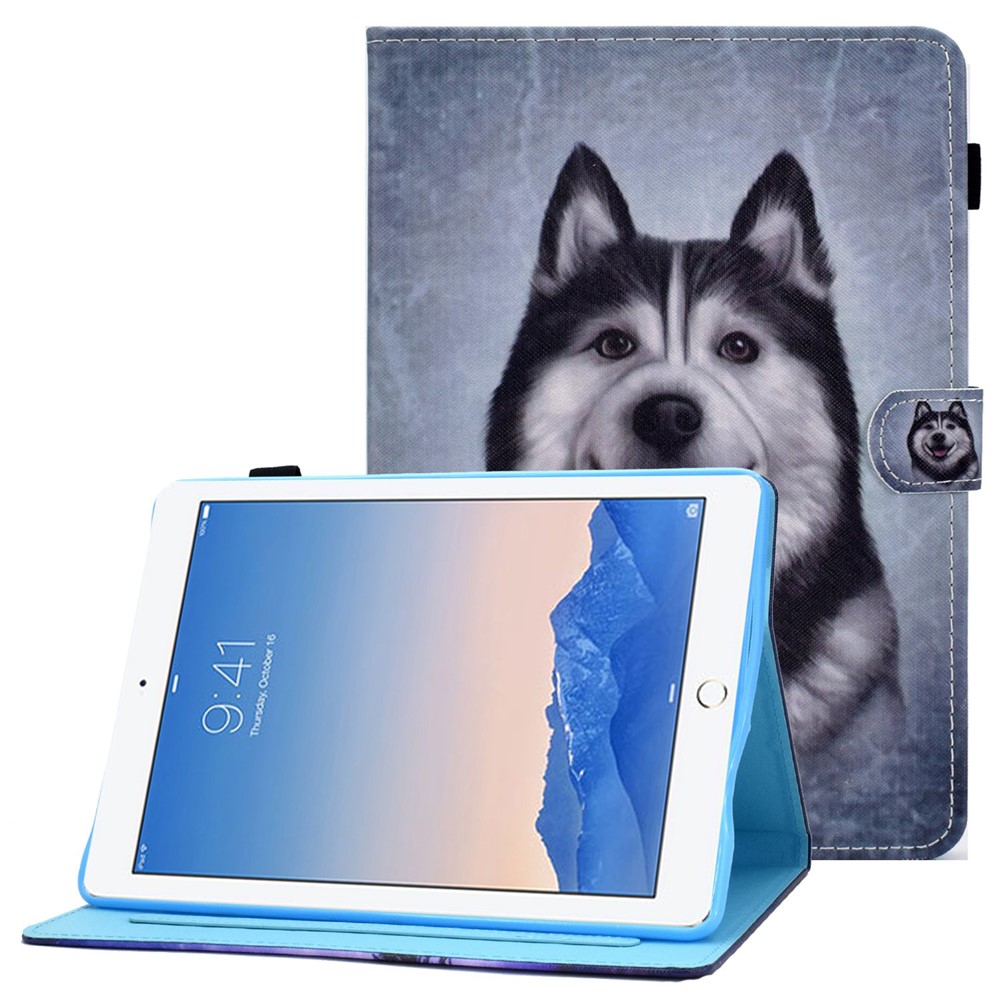 For iPad Air (2013) / Air 2 / iPad 9.7-inch (2017) / (2018) Stitched Leather Case Protective Tablet Cover Pattern Printed Magnetic Closure Shockproof Cover with Stand / Card Slots - Husky