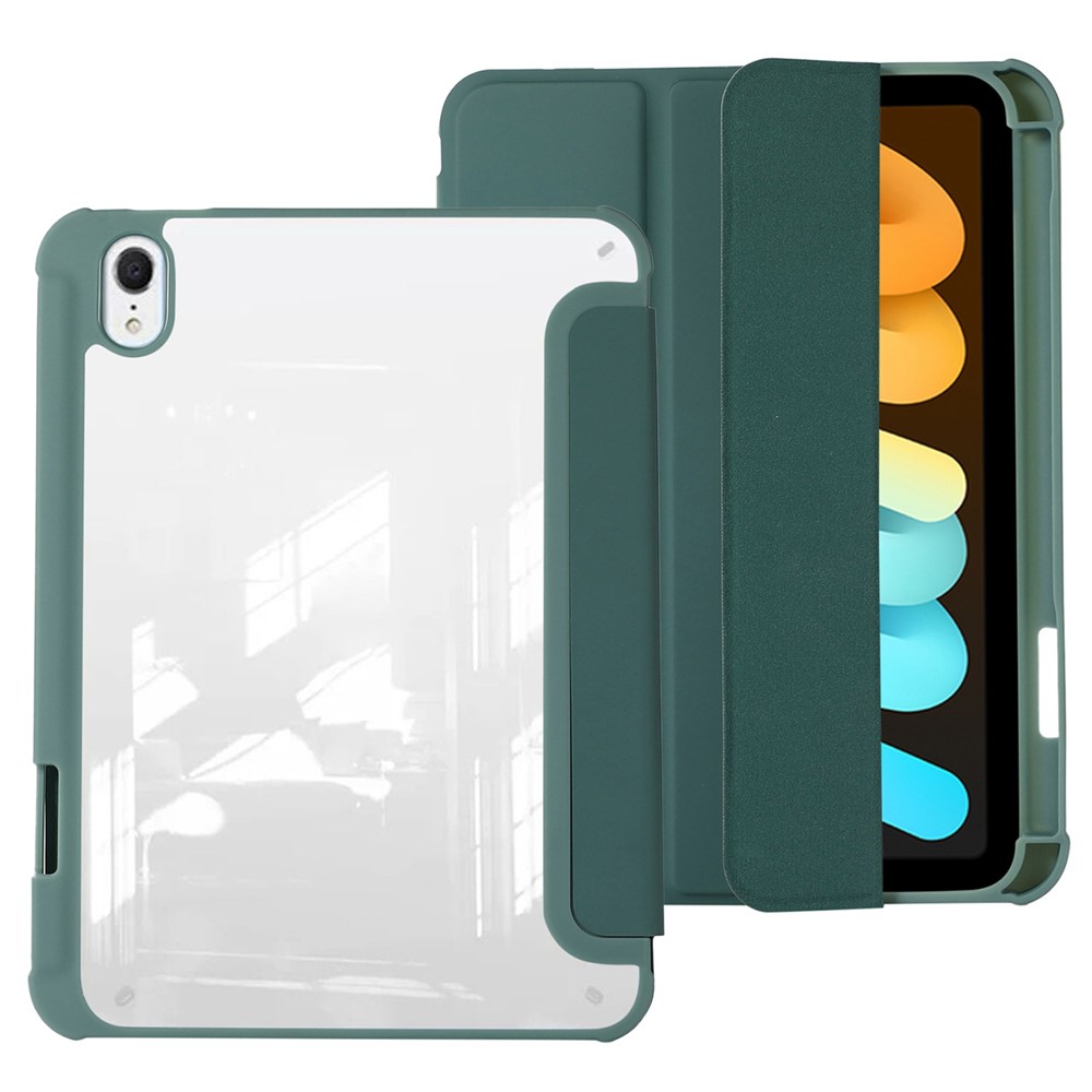 For iPad mini (2024) / mini (2021) PU Leather + TPU + Acrylic Transparent Tablet Case Tri-Fold Stand Protective Cover - Midnight Green