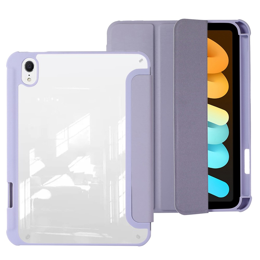 For iPad mini (2024) / mini (2021) PU Leather + TPU + Acrylic Transparent Tablet Case Tri-Fold Stand Protective Cover - Purple