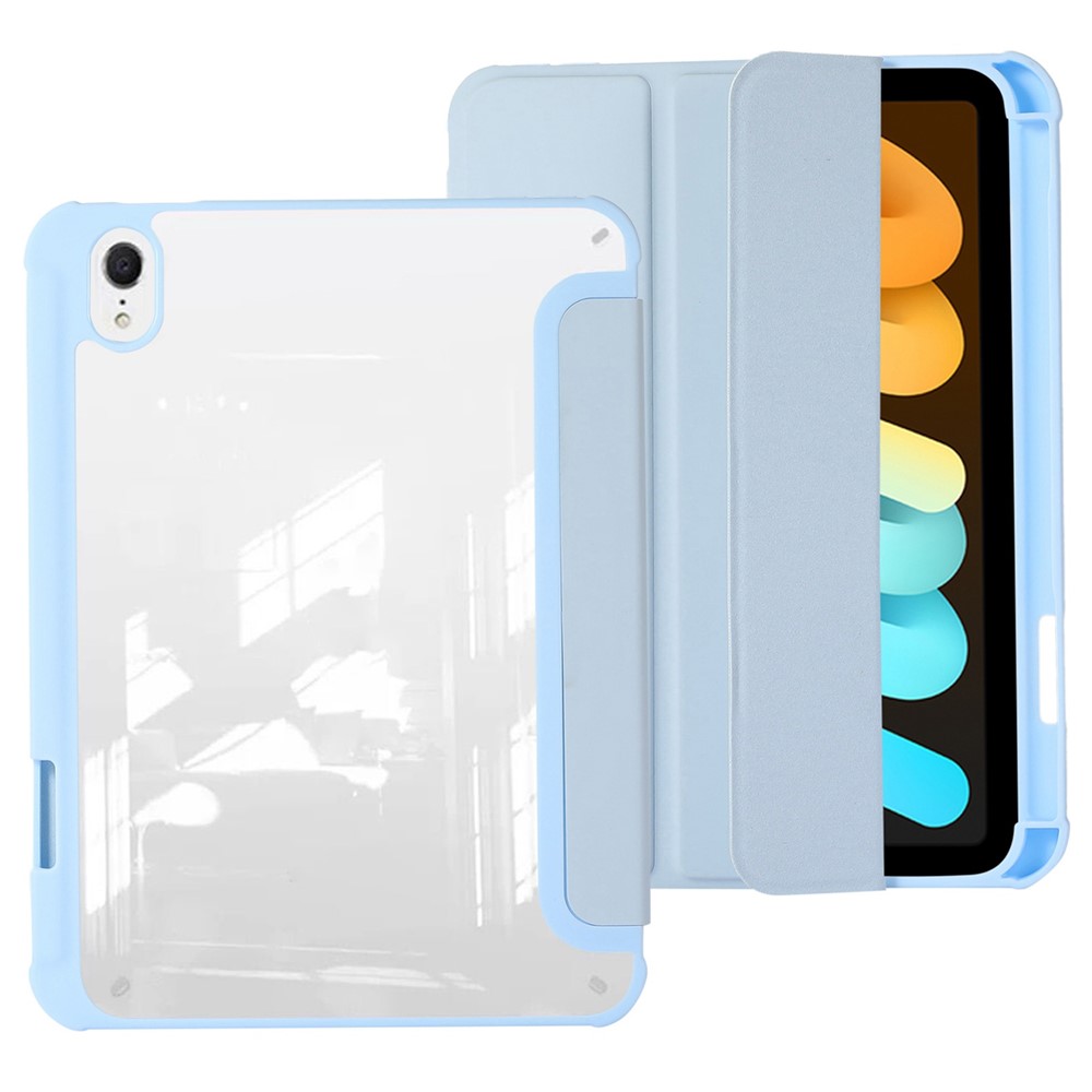 For iPad mini (2024) / mini (2021) PU Leather + TPU + Acrylic Transparent Tablet Case Tri-Fold Stand Protective Cover - Baby Blue