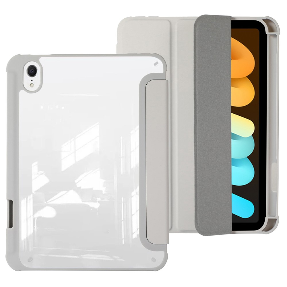 For iPad mini (2024) / mini (2021) PU Leather + TPU + Acrylic Transparent Tablet Case Tri-Fold Stand Protective Cover - Grey