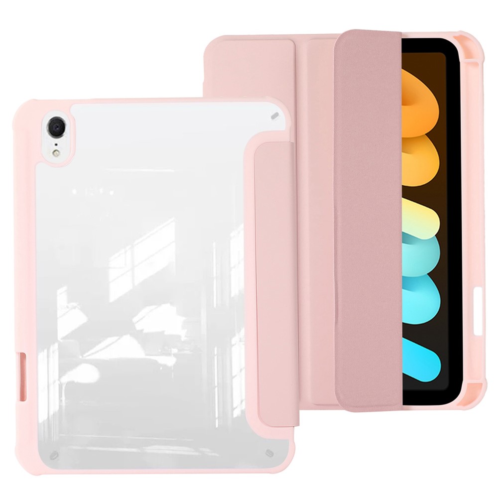For iPad mini (2024) / mini (2021) PU Leather + TPU + Acrylic Transparent Tablet Case Tri-Fold Stand Protective Cover - Pink