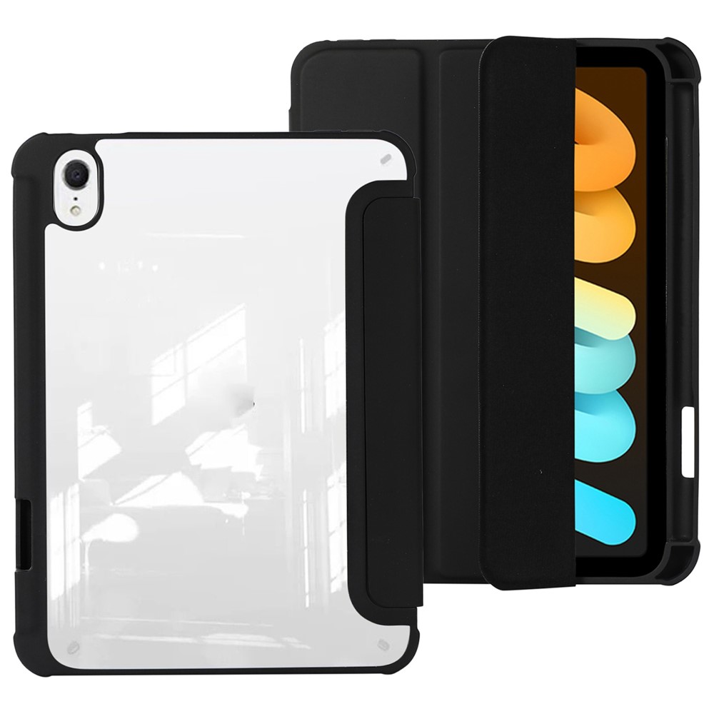 For iPad mini (2024) / mini (2021) PU Leather + TPU + Acrylic Transparent Tablet Case Tri-Fold Stand Protective Cover - Black