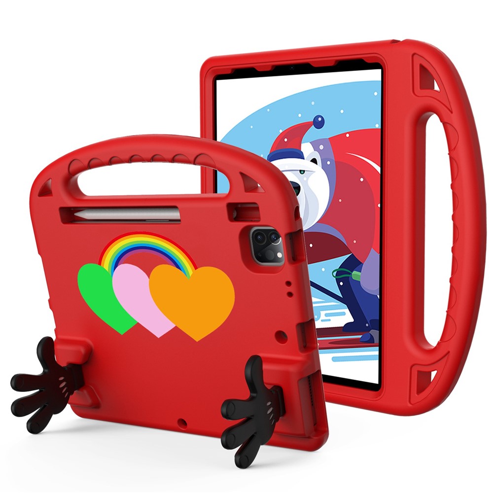 For iPad Air (2020)  /  iPad Pro 11 (2018) / (2020) / (2021) / (2022) EVA Shockproof Case Love Heart Pattern Palm Shape Anti-Drop Tablet Kickstand Case with Grip Handle - Red