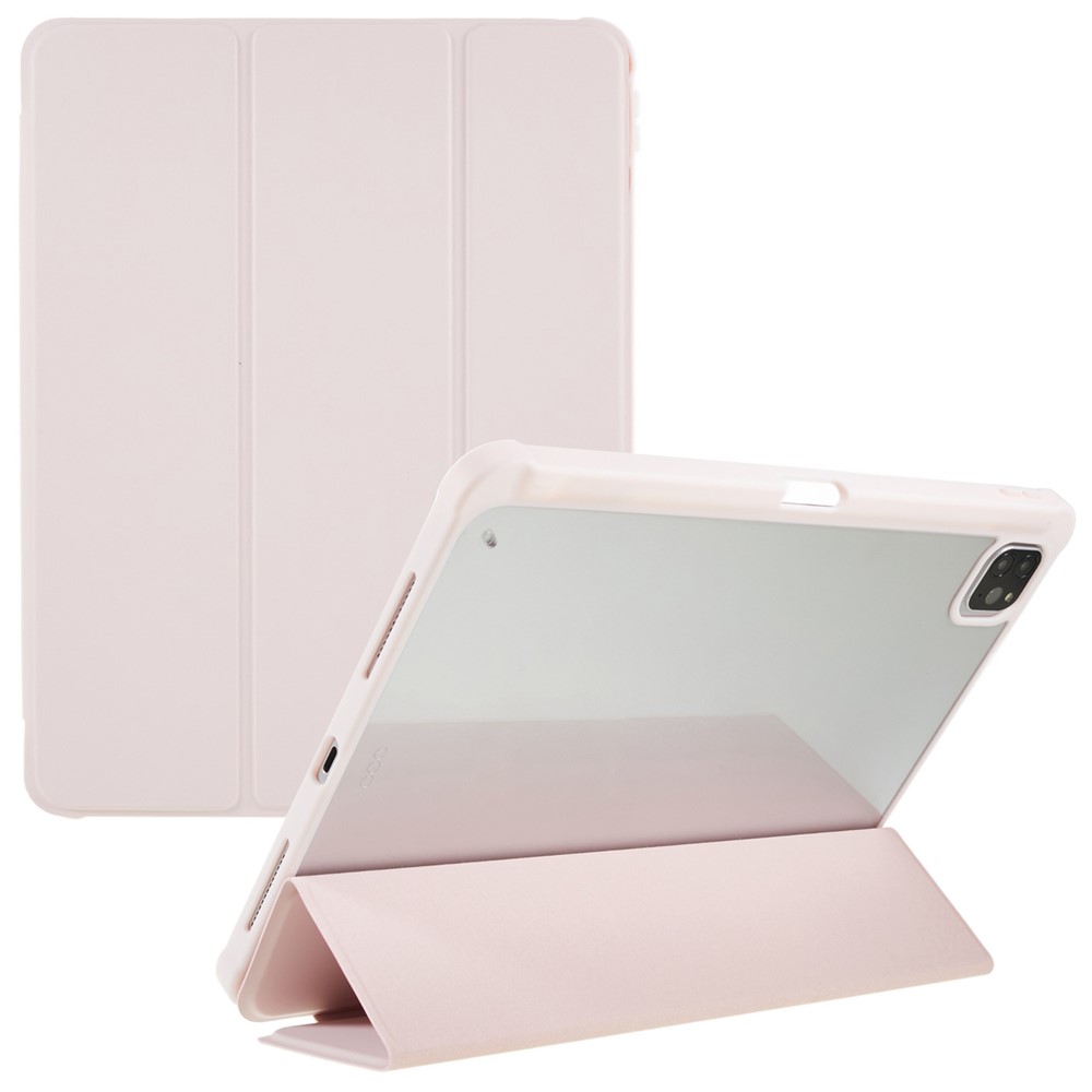 For iPad Pro 12.9 (2018) / (2020) / (2021) / (2022) Anti-Drop Tri-fold Stand Case PU Leather + TPU + Acrylic Tablet Slim Case Shockproof Cover - Pink