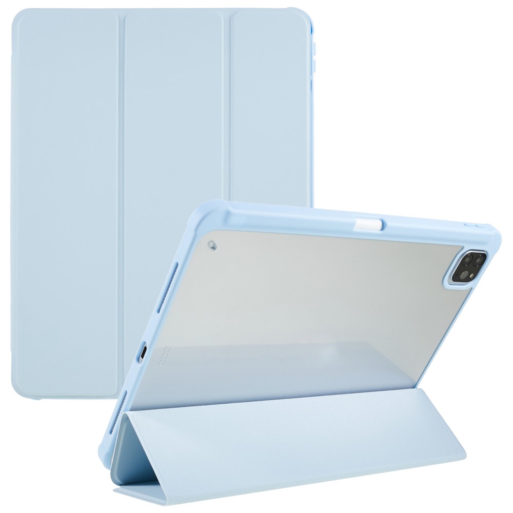 For iPad Pro 12.9 (2018) / (2020) / (2021) / (2022) Anti-Drop Tri-fold Stand Case PU Leather + TPU + Acrylic Tablet Slim Case Shockproof Cover - Baby Blue