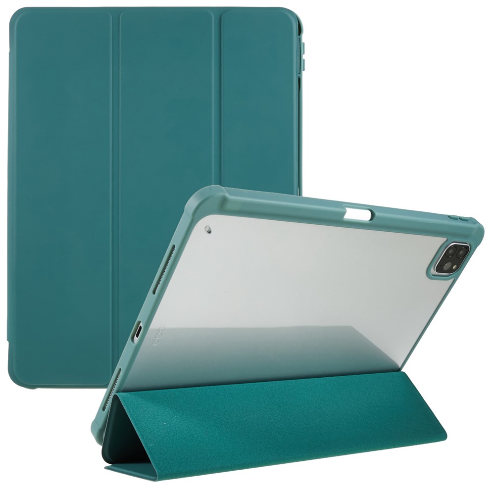 For iPad Pro 12.9 (2018) / (2020) / (2021) / (2022) Anti-Drop Tri-fold Stand Case PU Leather + TPU + Acrylic Tablet Slim Case Shockproof Cover - Midnight Green