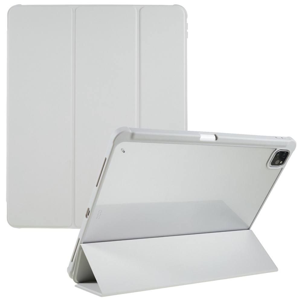 For iPad Pro 12.9 (2018) / (2020) / (2021) / (2022) Anti-Drop Tri-fold Stand Case PU Leather + TPU + Acrylic Tablet Slim Case Shockproof Cover - Grey