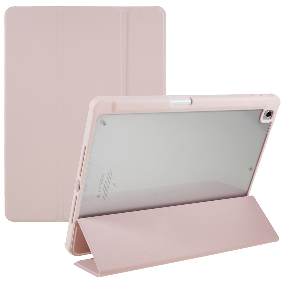 For iPad 10.2 (2021) / (2019) / (2020) Shockproof Case PU Leather + TPU + Acrylic Tablet Case Tri-fold Stand Protective Cover - Pink