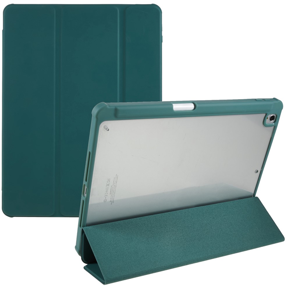 For iPad 10.2 (2021) / (2019) / (2020) Shockproof Case PU Leather + TPU + Acrylic Tablet Case Tri-fold Stand Protective Cover - Midnight Green