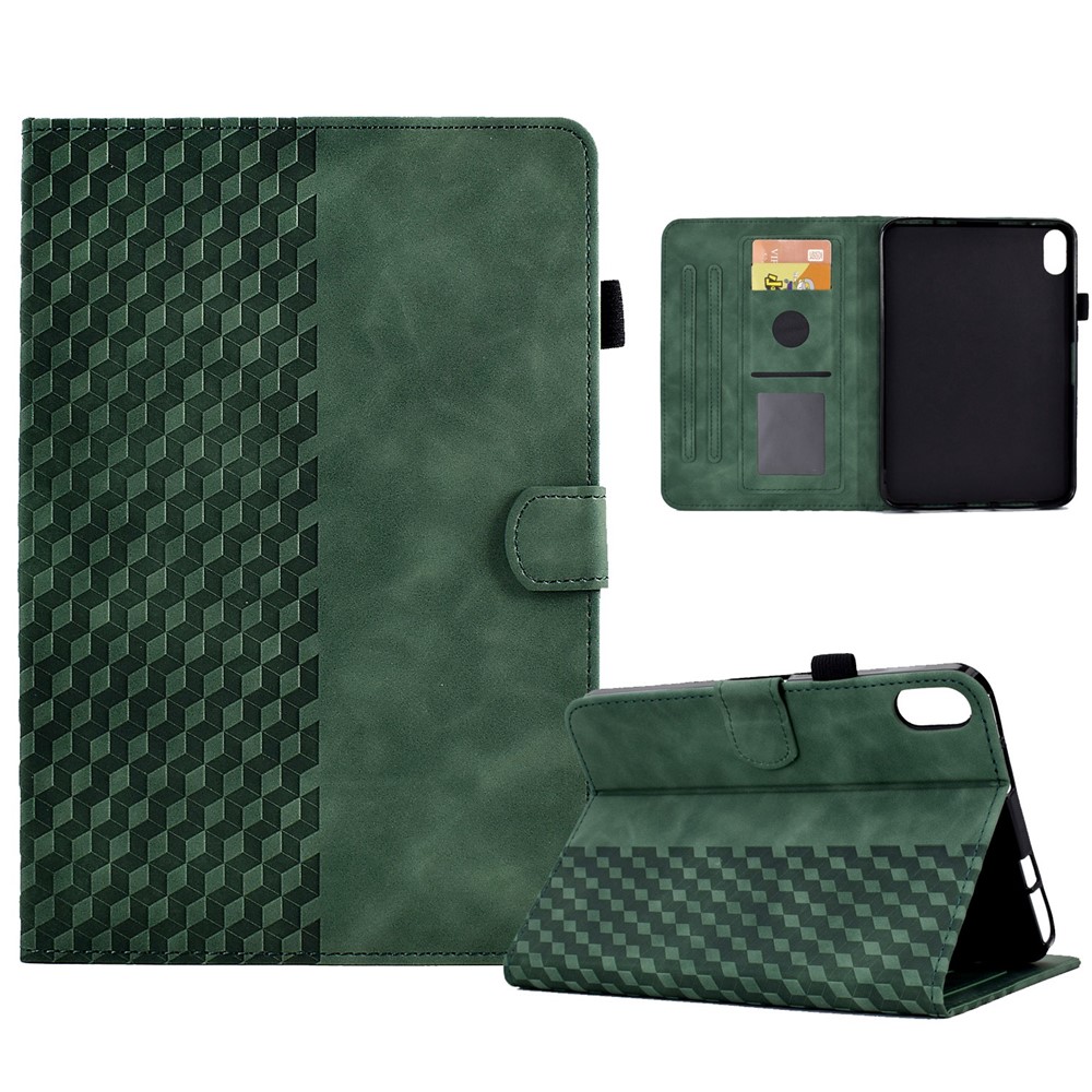 For iPad (2025) / 10.9 (2022) Imprinted Rhombus Pattern PU Leather Tablet Case Stitching Line Full Protection Stand Card Holder Cover - Green