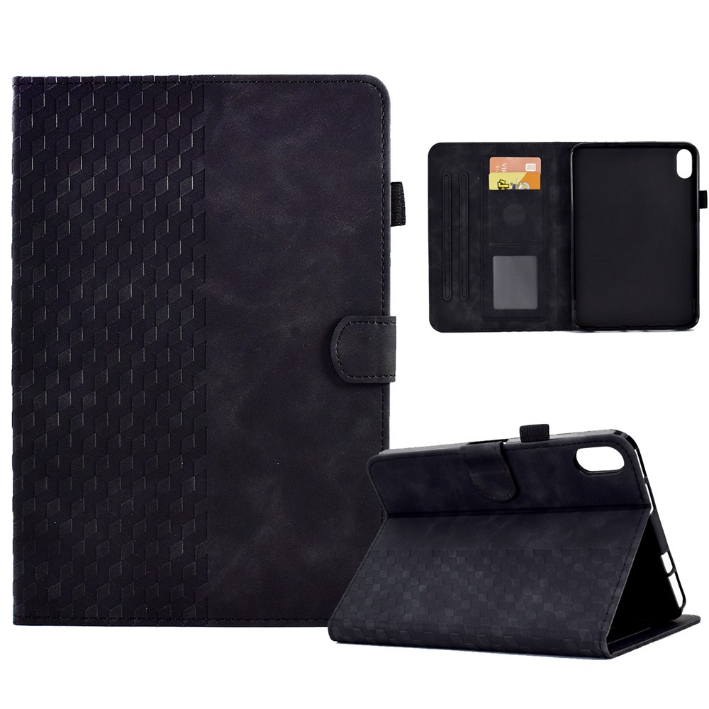 For iPad (2025) / 10.9 (2022) Imprinted Rhombus Pattern PU Leather Tablet Case Stitching Line Full Protection Stand Card Holder Cover - Black