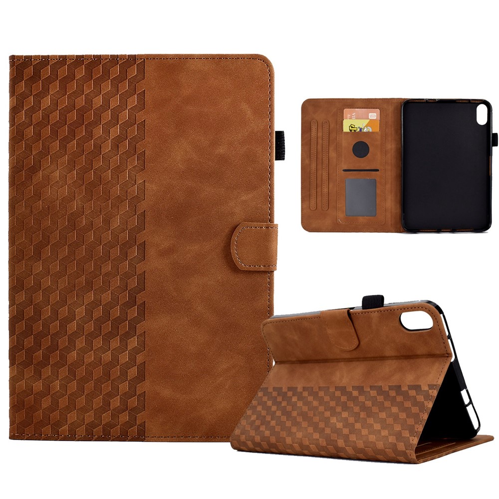 For iPad (2025) / 10.9 (2022) Imprinted Rhombus Pattern PU Leather Tablet Case Stitching Line Full Protection Stand Card Holder Cover - Brown