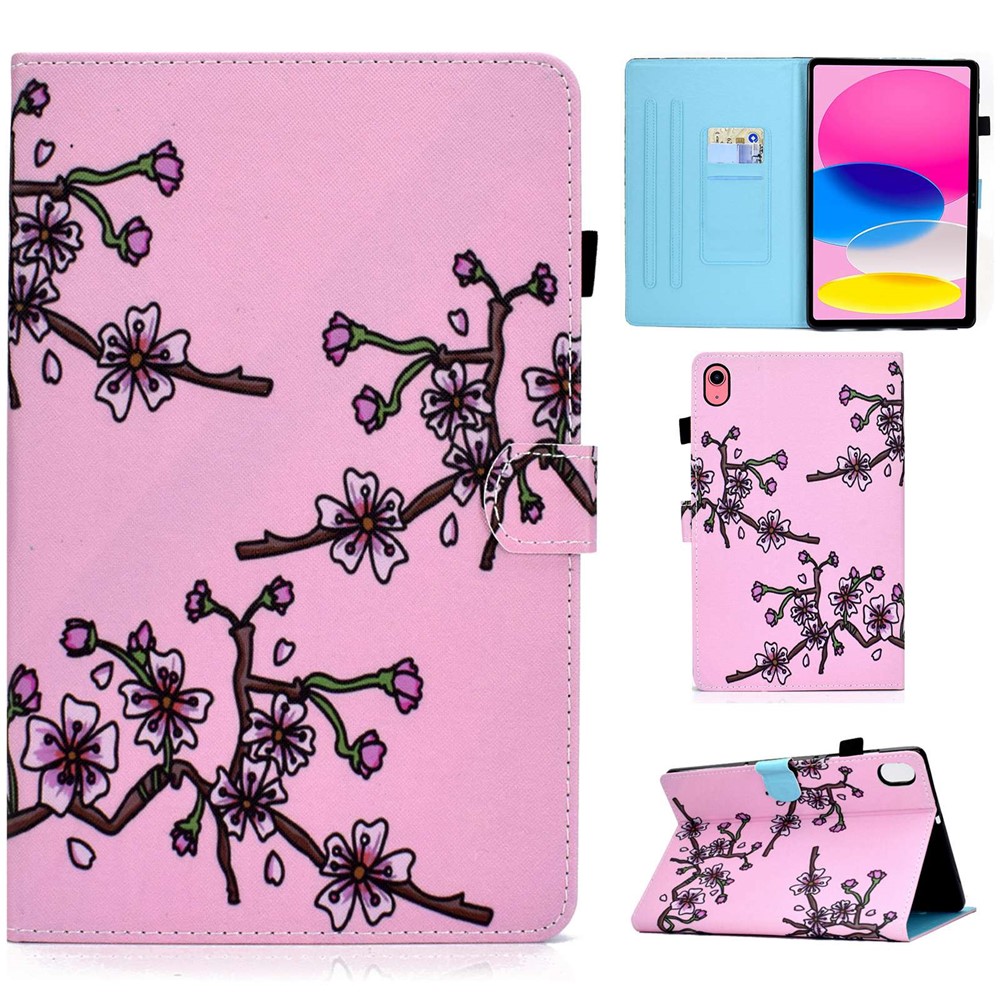 For iPad (2025) / 10.9 (2022) Pattern Printing Stand Folio Tablet Case Stitching Line PU Leather Card Slots Protective Cover - Pink Plum Blossom