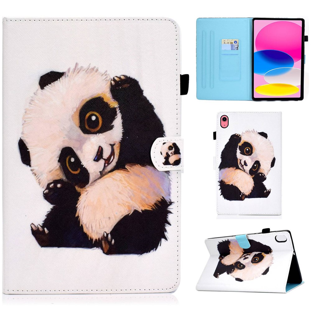 For iPad (2025) / 10.9 (2022) Pattern Printing Stand Folio Tablet Case Stitching Line PU Leather Card Slots Protective Cover - Panda Waving