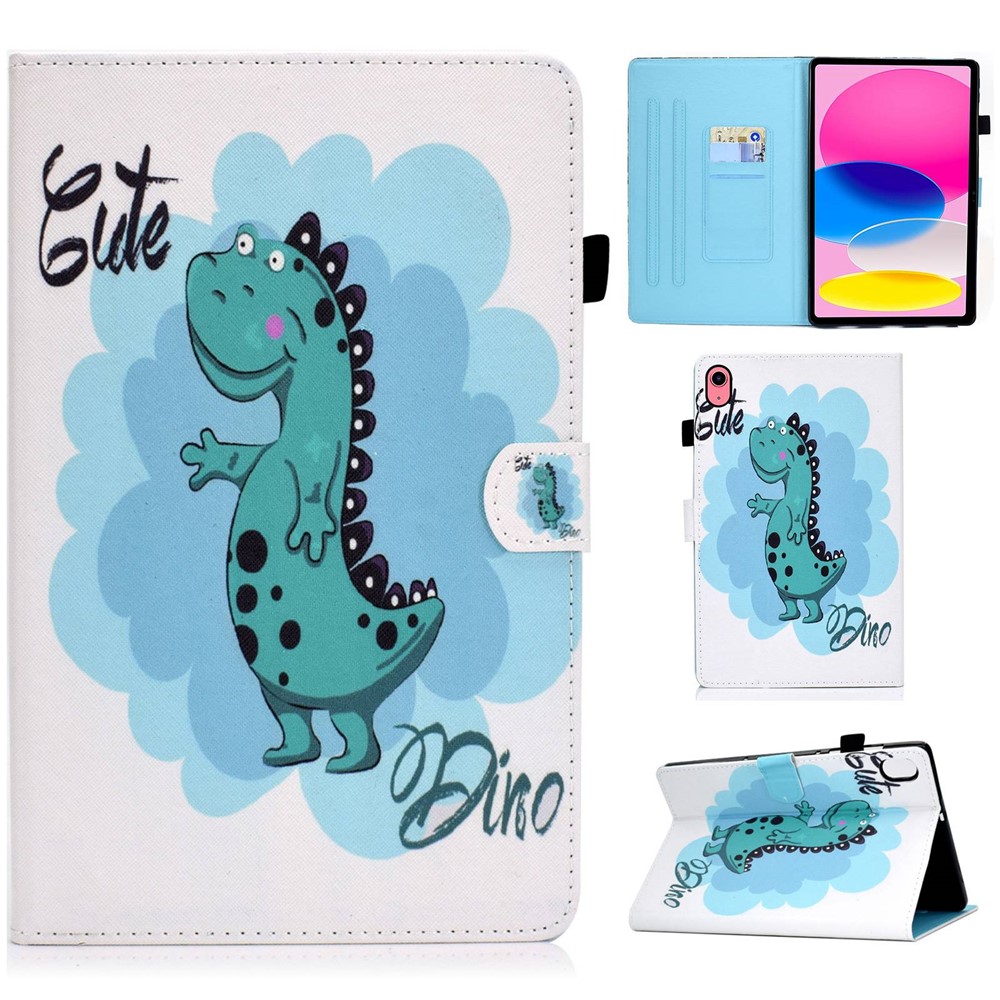 For iPad (2025) / 10.9 (2022) Pattern Printing Stand Folio Tablet Case Stitching Line PU Leather Card Slots Protective Cover - Dinosaur