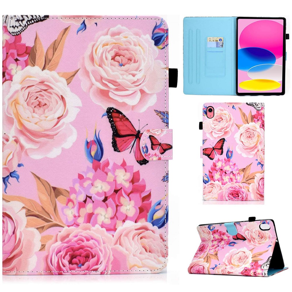 For iPad (2025) / 10.9 (2022) Pattern Printing Stand Folio Tablet Case Stitching Line PU Leather Card Slots Protective Cover - Flowers / Butterfly