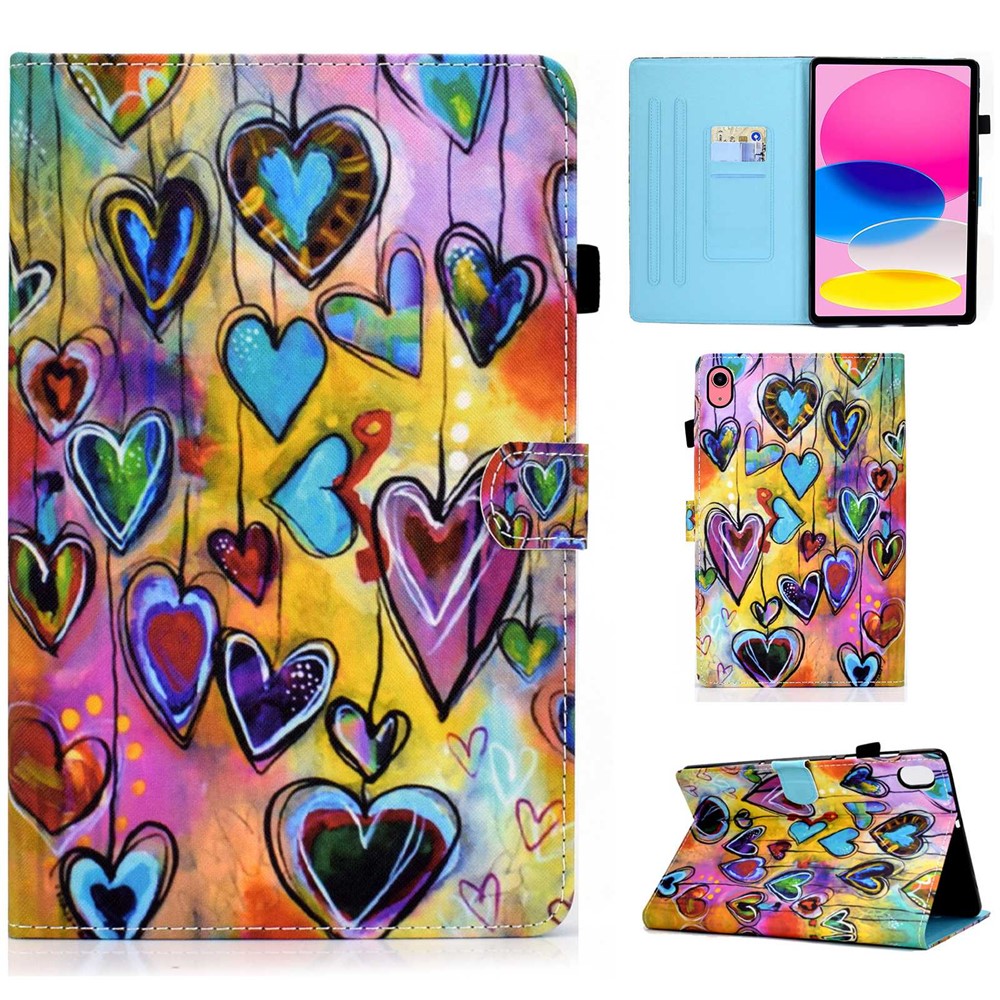 For iPad (2025) / 10.9 (2022) Pattern Printing Stand Folio Tablet Case Stitching Line PU Leather Card Slots Protective Cover - Love Hearts