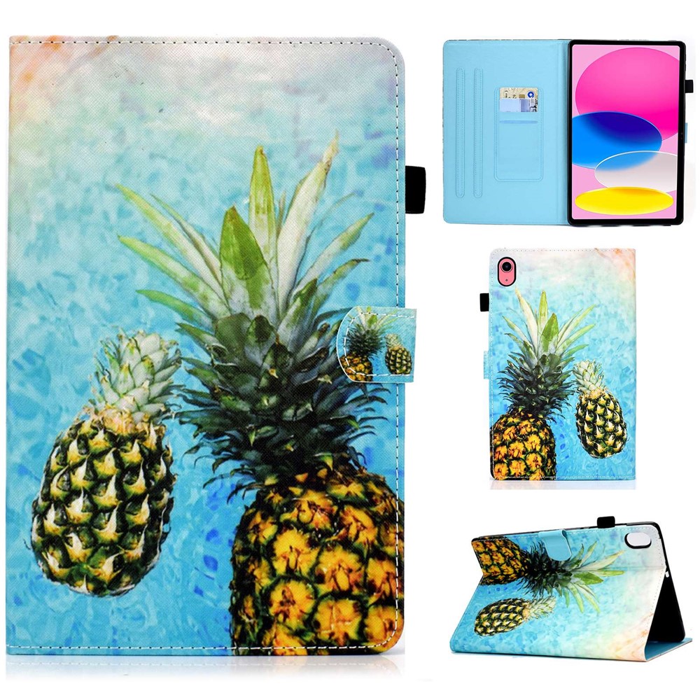 For iPad (2025) / 10.9 (2022) Pattern Printing Stand Folio Tablet Case Stitching Line PU Leather Card Slots Protective Cover - Pineapple